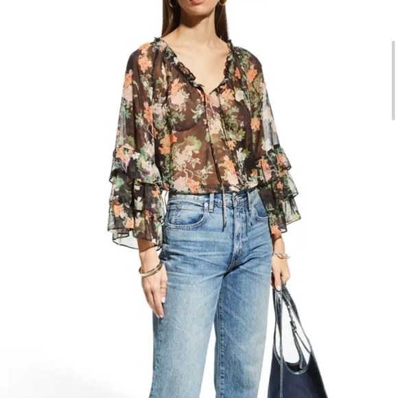 Alice + Olivia Tops - Alice + Olivia Kallie Ruffle-Sleeve Floral Cropped Blouse Size XS
